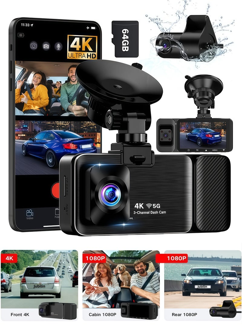 جوبيلين 3 قنوات كاميرا داش كاميرا 4K أمامية وخلفية بدقة 4K في الداخل 3840*2160P، كاميرا داش كاميرا 5G WiFi، تحكم بالتطبيق، كاميرا سيارة للرؤية الليلية، شاشة IPS 3 بوصة، مستشعر G، وضع وقوف السيارات 24 ساعة، تسجيل حلقة، بطاقة SD بسعة 64 جيجابايت - Image 1